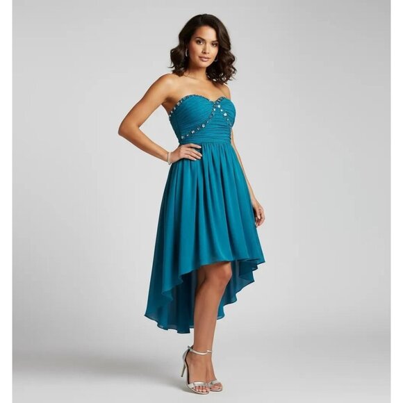 Women's Teal Chiffon Strapless Rhinestone Beaded Bodice High-Low Hem Dress Small - Picture 1 of 10